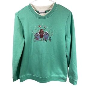 Vintage‎ Christmas Sweatshirt Birdhouses Winter Sz M Green Breckinridge D6